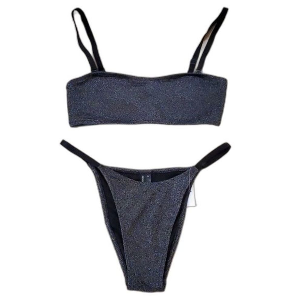 NWT Kendall & Kylie Womens Bandeau High Leg 2 Piece Bikini Black Silver Size XL - Picture 2 of 16